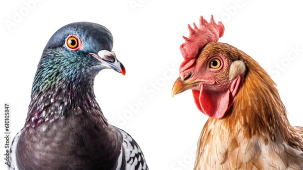 Fototapeta Portrait of a pigeon and chicken isolated on a transparent background. Created with Generative AI tools