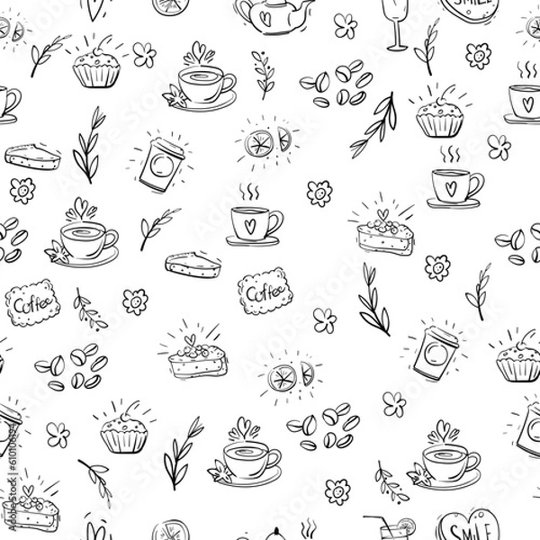 Fototapeta Seamless pattern with food elements in the form of painted cakes and cups of tea, coffee and cookies, twigs and coffee.