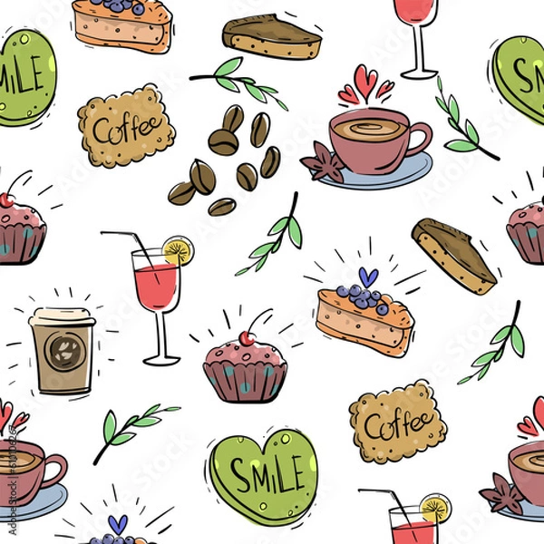 Fototapeta A color seamless pattern with food elements in the form of painted cakes and cups of tea, coffee and cookies, twigs and coffee.