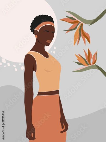 Fototapeta Abstract poster with a beautiful slim woman. Girl on the background of the sun and exotic flowers. Vector graphics.