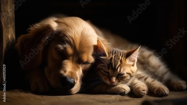 Fototapeta Cat and dog sleeping together. Kitten and puppy taking nap. Home pets. Animal care. Love and friendship. Created with Generative AI technology.