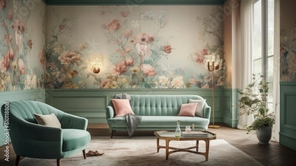 Fototapeta Interior of light living room with comfortable sofa. Ai generative.