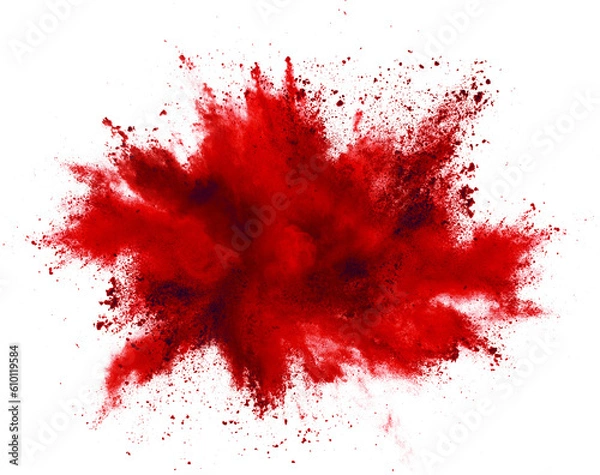 Fototapeta bright red holi paint color powder festival explosion burst isolated white background. industrial print concept background
