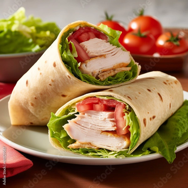 Obraz Savor a light and refreshing turkey wrap filled with tender turkey slices, crisp lettuce, and juicy tomato, Generative AI