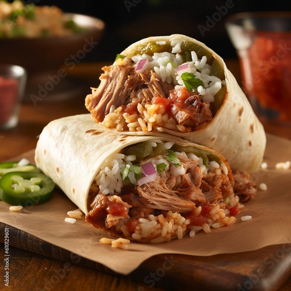 Obraz Savor a hearty and flavorful pork burrito filled with tender pork, seasoned beans, and fragrant Mexican rice, Generative AI