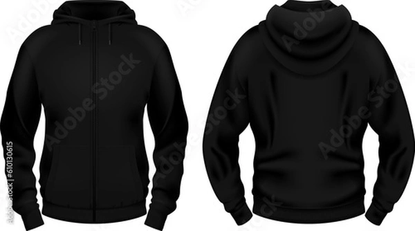 Obraz Template of blank black hoodie with pocket. Front and back views. Photo-realistic vector illustration.