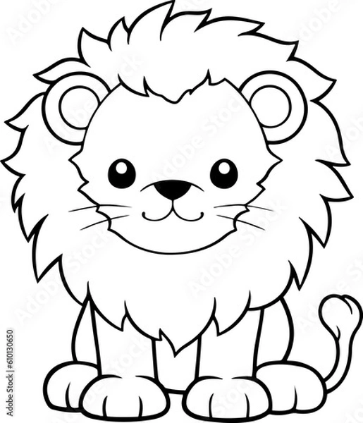 Obraz Lion vector illustration. Black and white outline Lion coloring book or page for children