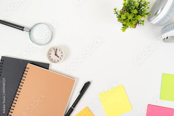 Obraz white office desk table Top view with copy space. Flat lay.