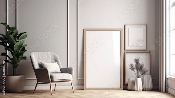 Fototapeta Empty blank picture frame mockup on the table with plants. Generative ai interior concept