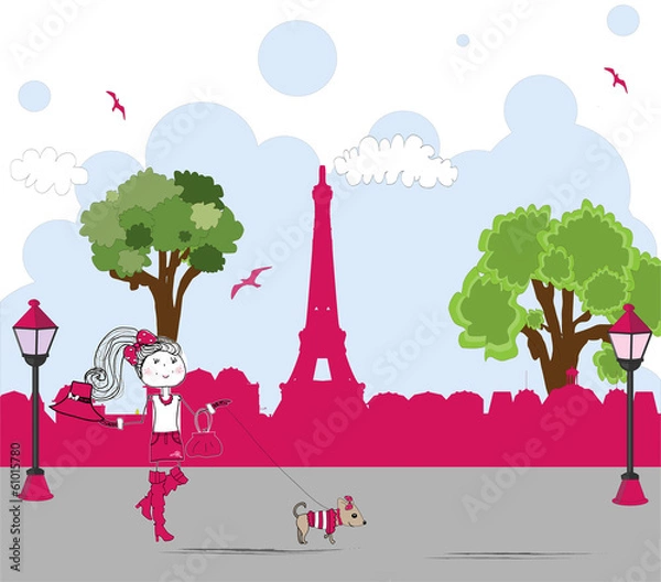 Obraz girl with cute little dog in paris. vector