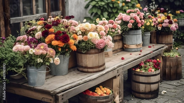 Fototapeta Various beautiful colorful flower bouquet in a wooden bucket at the table after harvest moment. Generative AI technology.
