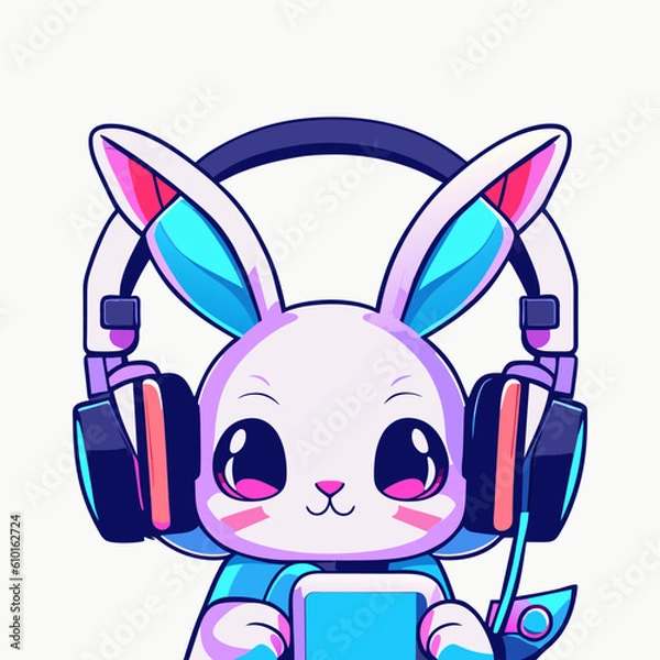 Obraz Cute rabbit listening music with headphone.