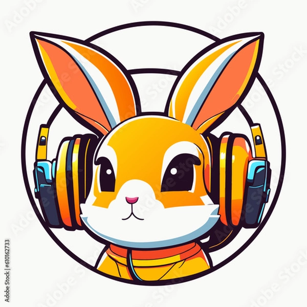 Obraz Rabbit listens to music on headphones.