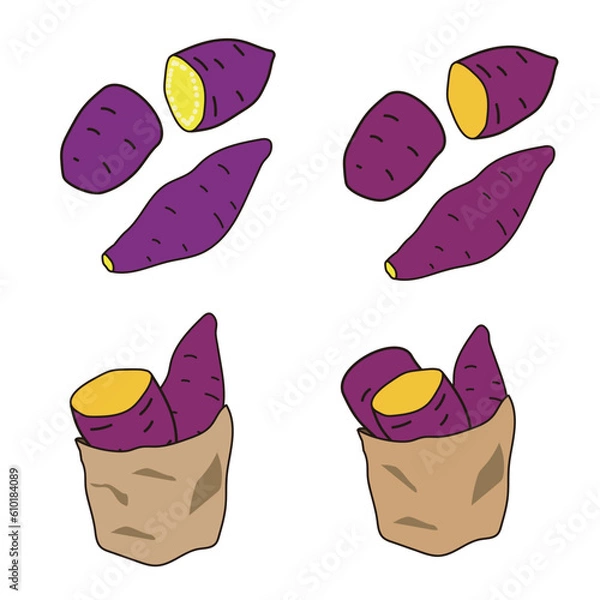 Fototapeta 生のサツマイモ、焼き芋のイラスト　セット