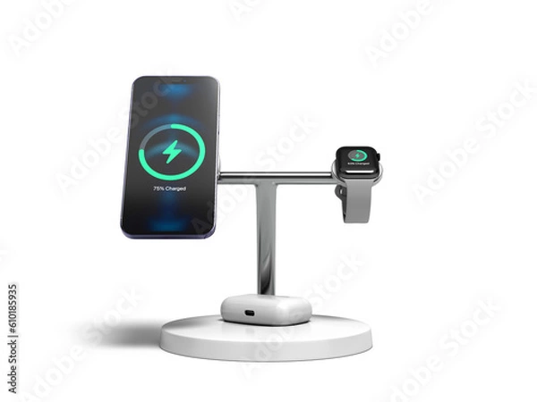 Fototapeta Wireless device charger with smatrphone and smartwatch front view 3d render on white