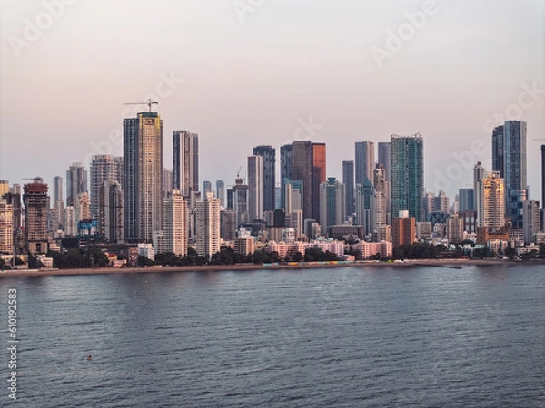 Fototapeta Modern City high-rise skyscraper buildings. Aerial drone view of the Financial District in Mumbai. Daytime Mumbai City, India