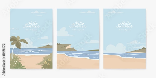 Fototapeta Set of beautiful banner, poster or greeting card design template with sandy summer beach. Set of nature landscape background. Vector illustration