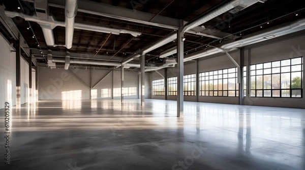 Fototapeta Empty industrial space interior. Open, unoccupied space and minimalistic aesthetic, it symbolizes potential for creativity and transformation within the realm of industrial design. Generative AI