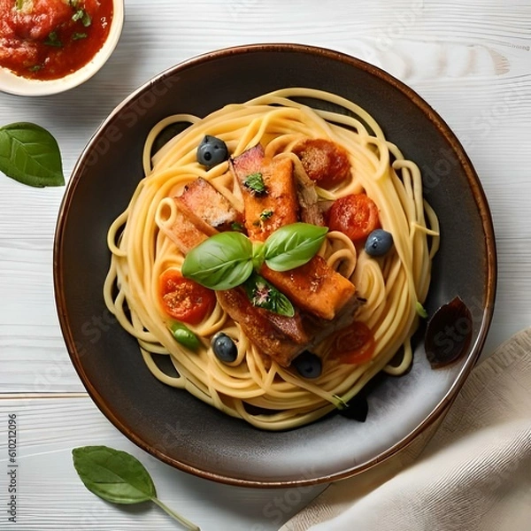 Obraz Spaghetti on black plate on wooden background. top view