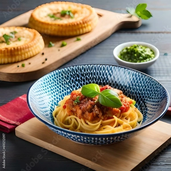 Obraz Spaghetti on black plate on wooden background. top view