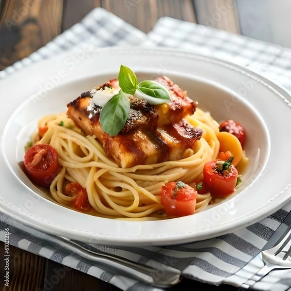 Obraz Spaghetti on black plate on wooden background. top view