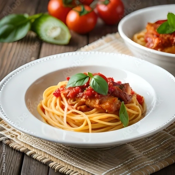 Obraz Spaghetti on black plate on wooden background. top view
