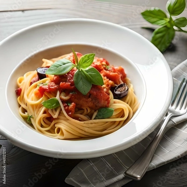 Obraz Spaghetti on black plate on wooden background. top view