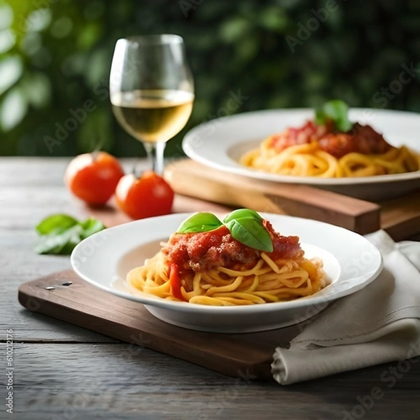 Obraz Spaghetti on black plate on wooden background. top view