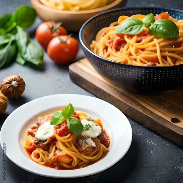 Obraz Spaghetti on black plate on wooden background. top view