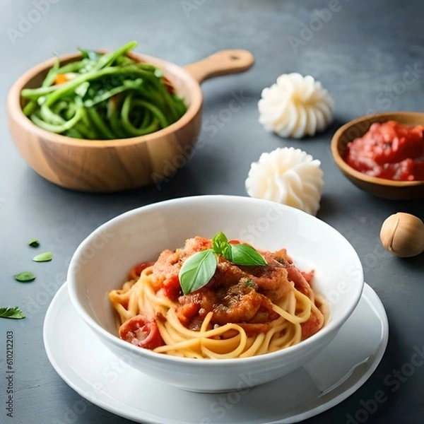 Obraz Spaghetti on black plate on wooden background. top view