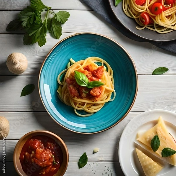 Obraz Spaghetti on black plate on wooden background. top view