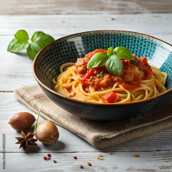 Obraz Spaghetti on black plate on wooden background. top view