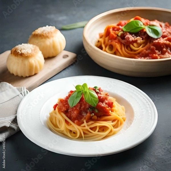 Obraz Spaghetti on black plate on wooden background. top view