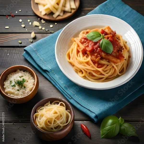 Obraz Spaghetti on black plate on wooden background. top view