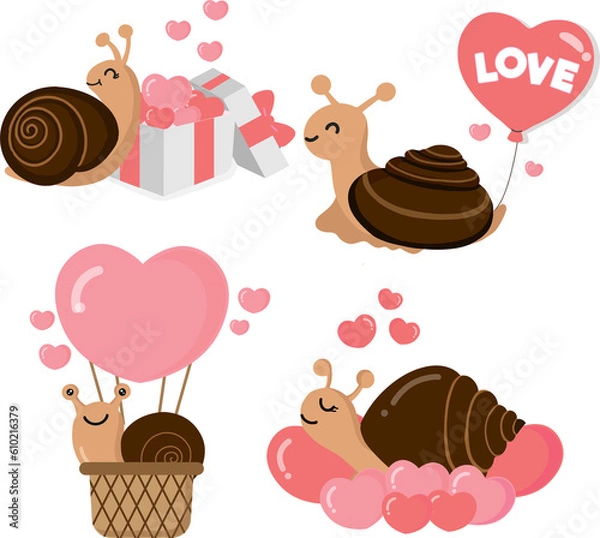Fototapeta Valentine's day collection with cute snail and love elements.  Png clipart isolated on transparent background