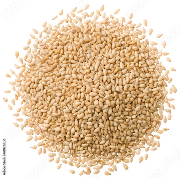 Fototapeta A small heap of roasted white sesame seeds isolated on white background, top view.