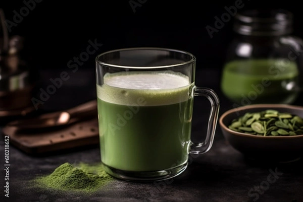 Fototapeta Cooked matcha latte in a coffee shop, Generative AI