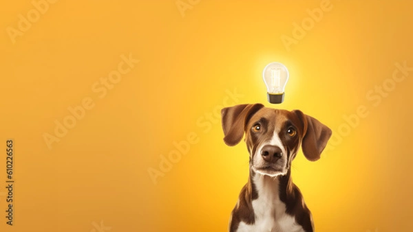 Obraz Light bulb glowing under dog's head. Creative idea concept