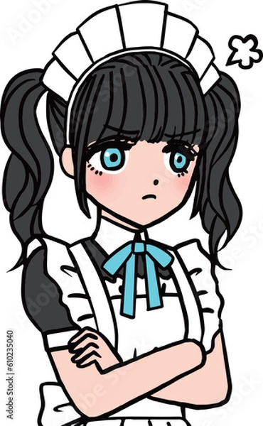 Fototapeta 怒って腕組みをするブルーの胸のリボンをつけた黒髪メイド