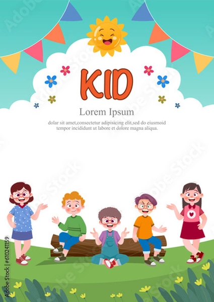Fototapeta Cute children play outside. template for advertising brochures, ready for your text,  poster, background, website.Style of kids drawings.