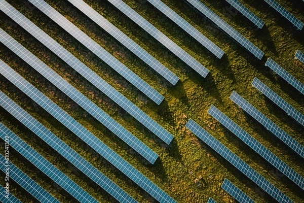 Obraz Solar panel rows aerial view. Photovoltaic panels farm from the sky, diagonal rows for renewable solar energy. Reducing carbon footprint concept, clean green energy for the future.