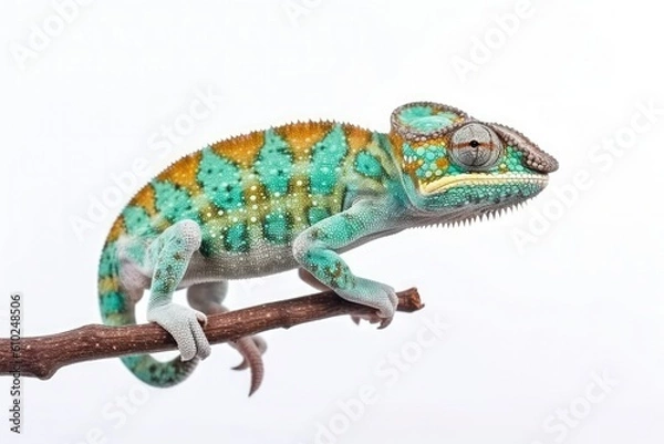 Fototapeta Multi-colored chameleon in full growth sits on a branch on a white background. Generative AI