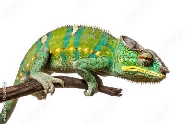 Fototapeta Tropical green chameleon on tree branch isolated on white background. Generative AI
