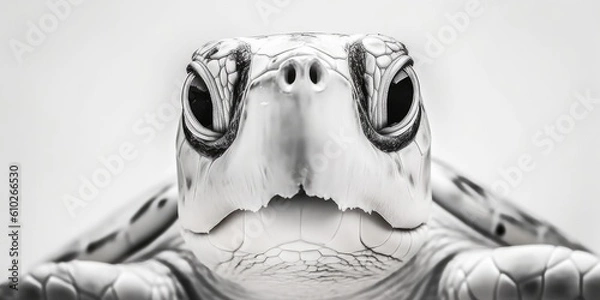 Obraz Black and white portrait, close-up of a sea turtle, turtle, caretta caretta, black and white background, Generative AI