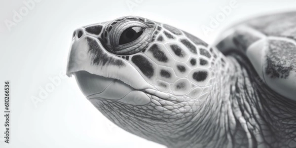 Obraz Black and white portrait, close-up of a sea turtle, turtle, caretta caretta, black and white background, Generative AI
