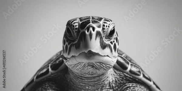 Obraz Black and white portrait, close-up of a sea turtle, turtle, caretta caretta, black and white background, Generative AI