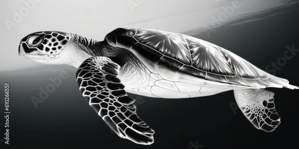 Obraz Black and white portrait, close-up of a sea turtle, turtle, caretta caretta, black and white background, Generative AI