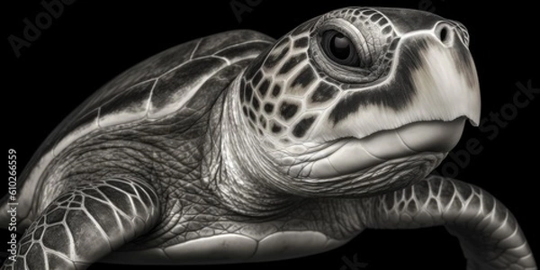 Obraz Black and white portrait, close-up of a sea turtle, turtle, caretta caretta, black and white background, Generative AI