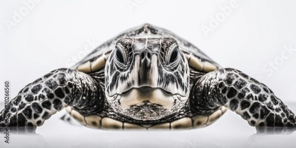 Obraz Black and white portrait, close-up of a sea turtle, turtle, caretta caretta, black and white background, Generative AI