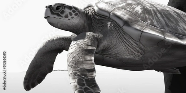 Obraz Black and white portrait, close-up of a sea turtle, turtle, caretta caretta, black and white background, Generative AI